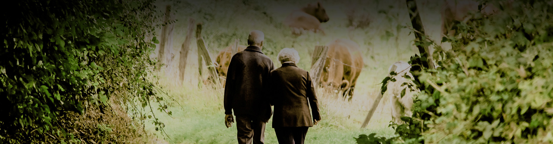 A photo of elderly couple walking on a farm