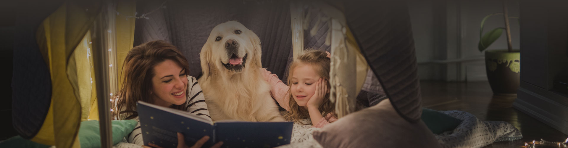 Header photo of young girl and her golden retriever dog