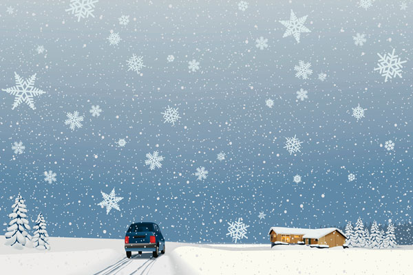 Graphic of car driving in snow for Winter Safety Tips blog